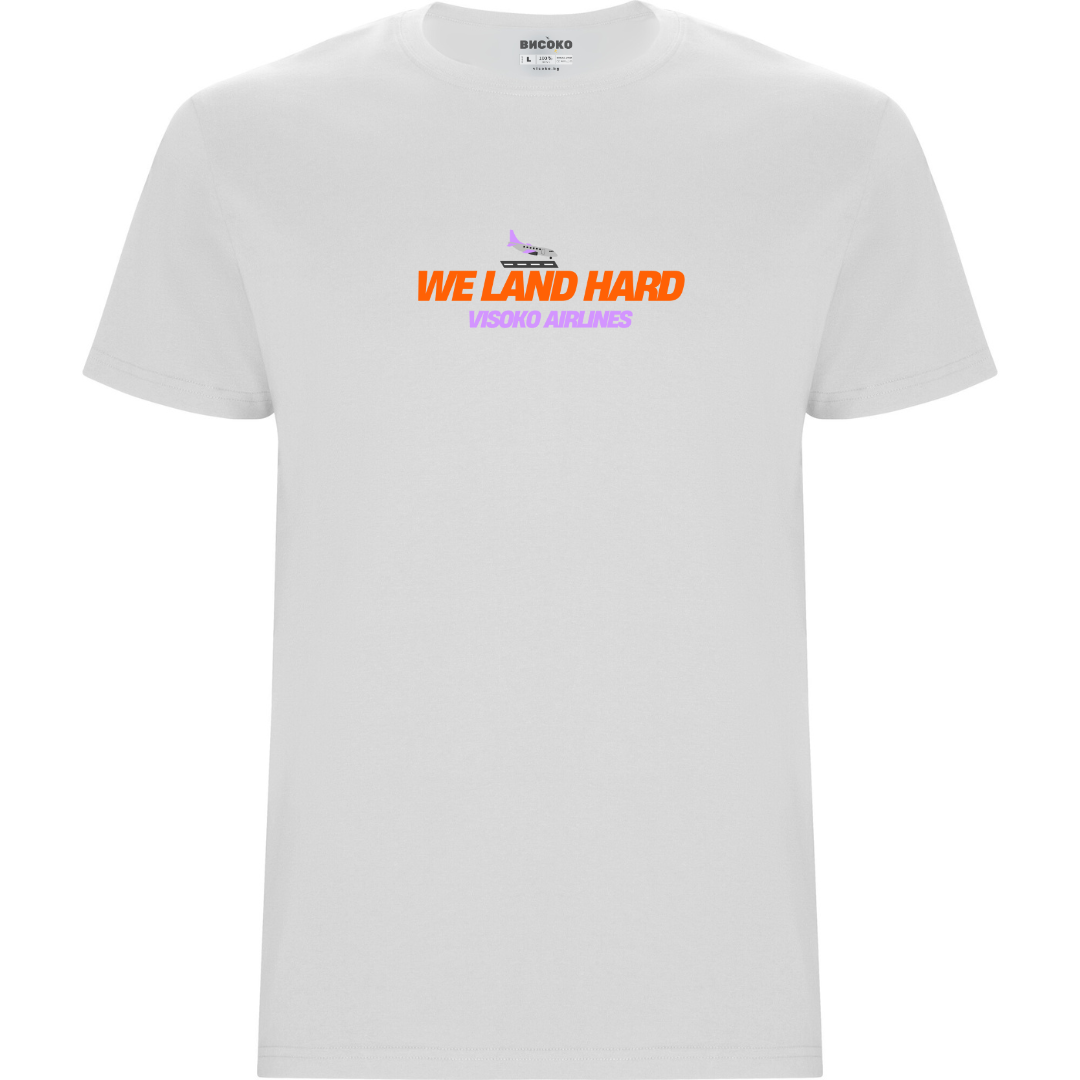Мъжка тениска - Бяло - WE LAND HARD - VISOKO AIRLINES